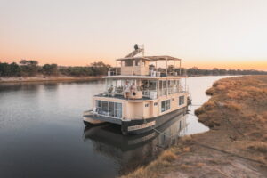 Chobe Princess houseboat on the Chobe River at sunset